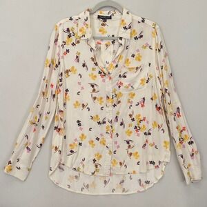 Velvet Heart Women L Floral Button Front Shirt Cream Yellow Pink Roll Tab Sleeve